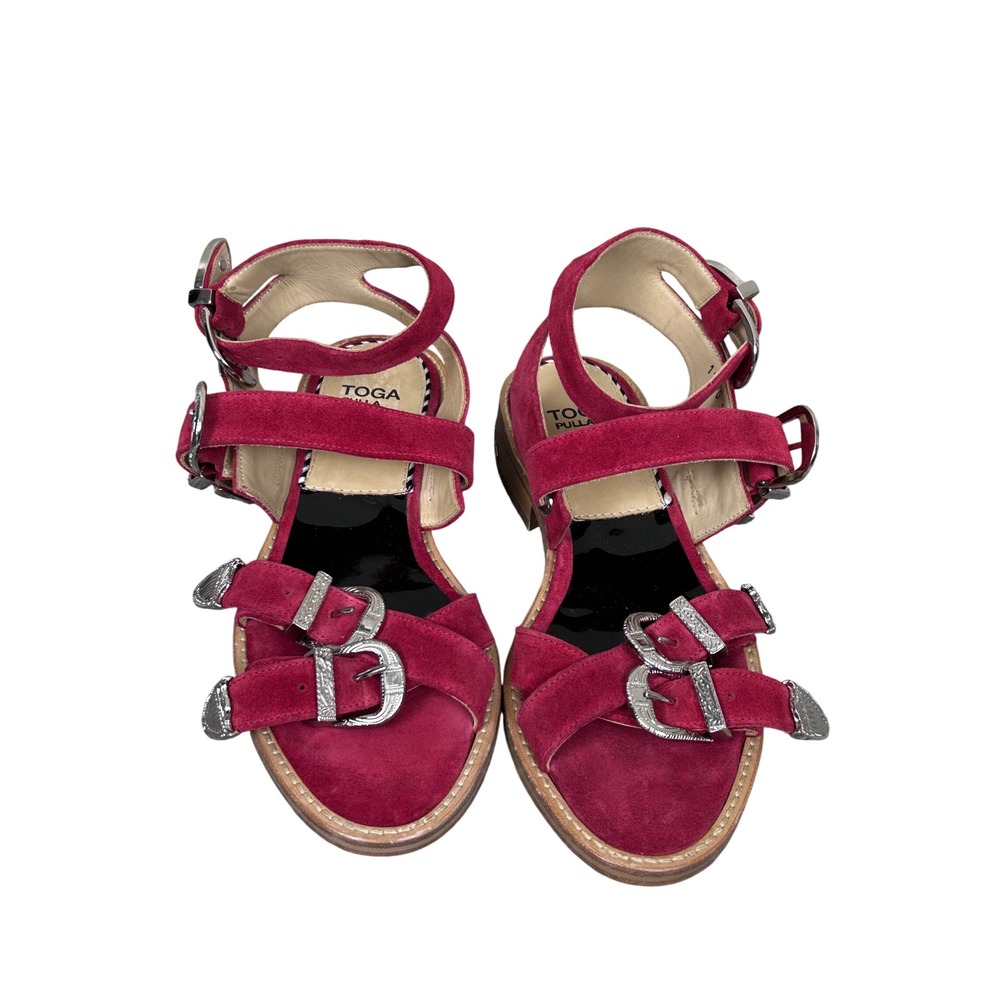 Toga Pulla Polido Buckle Sandals Ankle Strap Western Red Suede Size 36 (5.5)‎